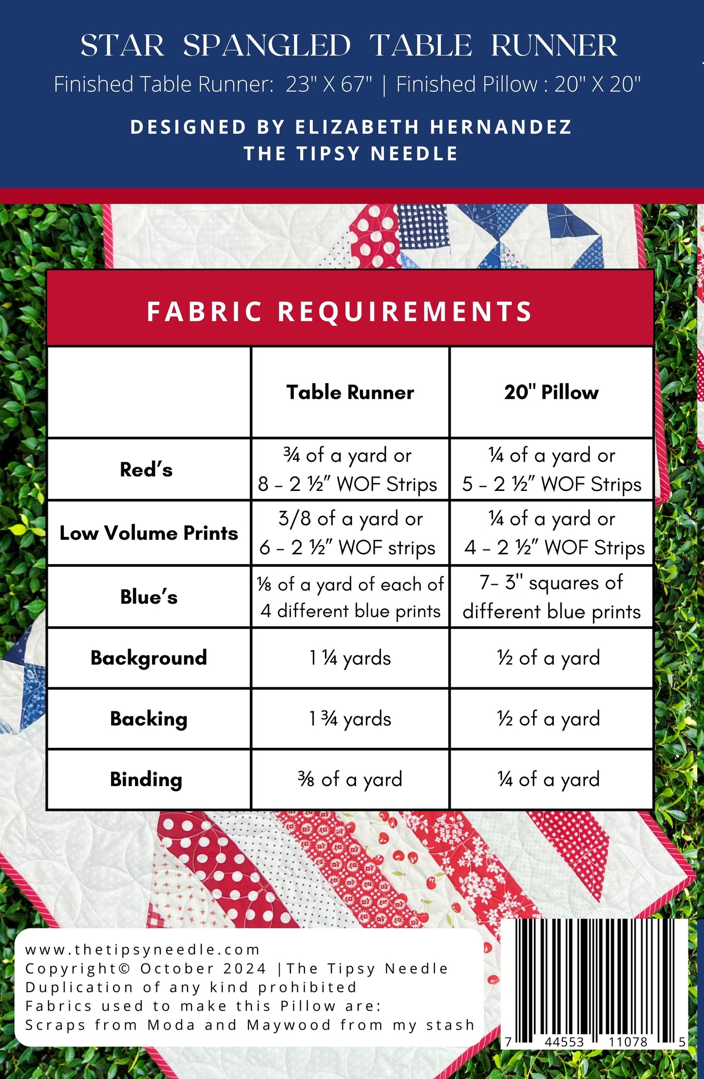 TTN-138 Star Spangled Table Runner and Pillow PDF Pattern