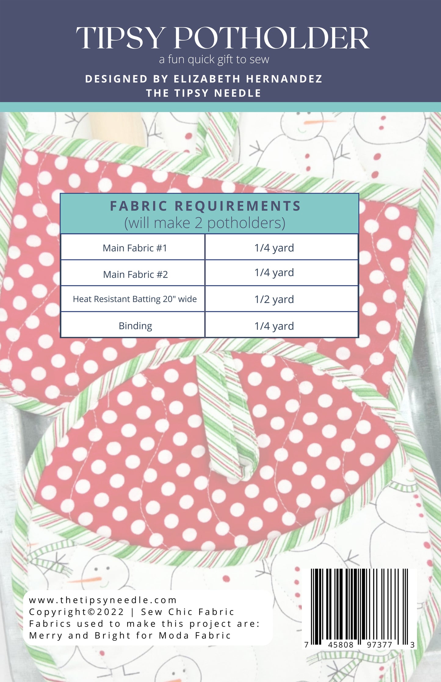 TTN-105 Quick Tipsy Potholders Printed Pattern